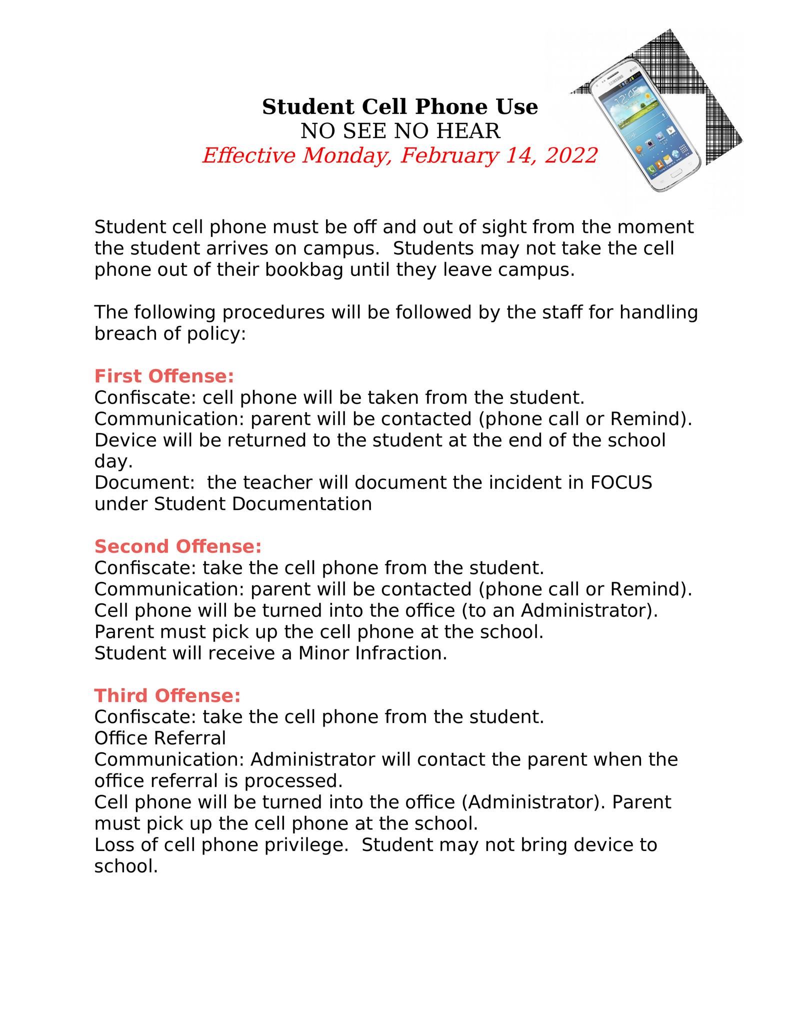 Shows rules for student cell phones and has a picture of a cell phone.
